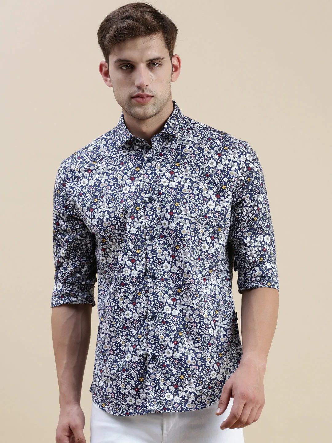 Men Navy Floral Casual Shirt