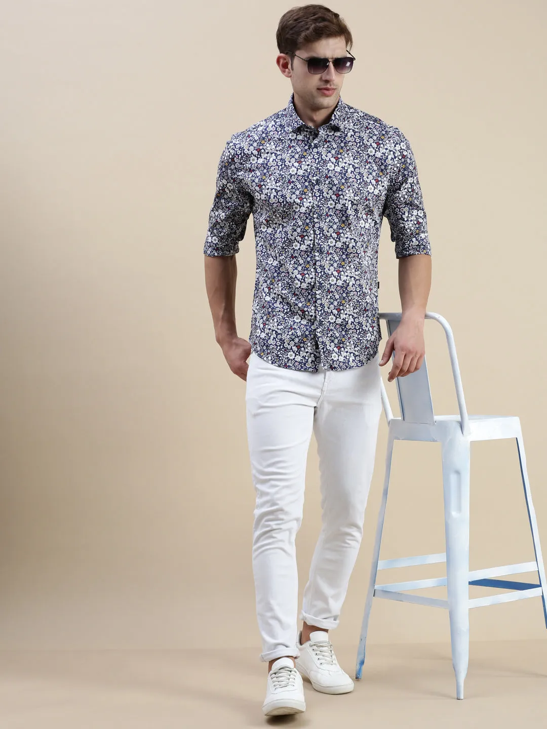 Men Navy Floral Casual Shirt