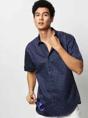 Men Navy Geometrical Casual Casual Shirts