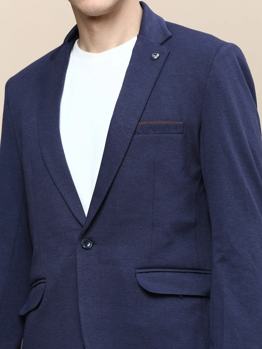 Men Navy Solid Casual Blazers