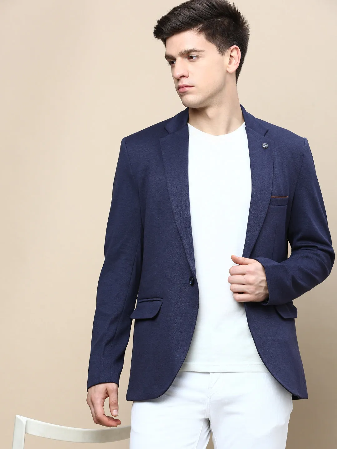 Men Navy Solid Casual Blazers