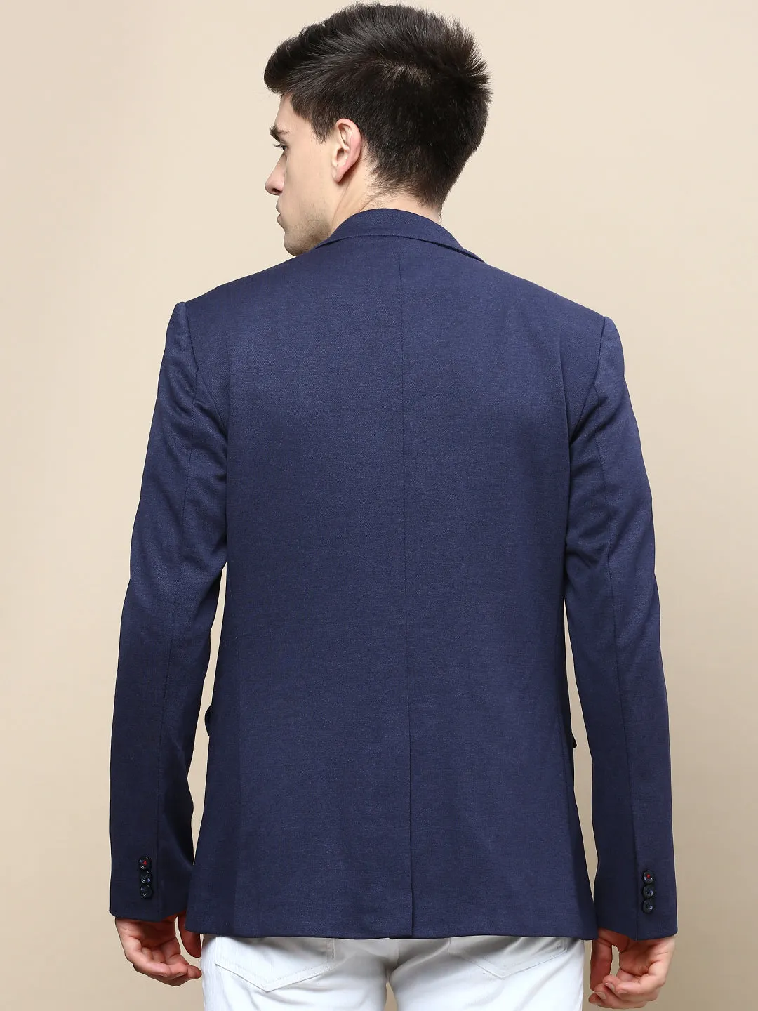 Men Navy Solid Casual Blazers