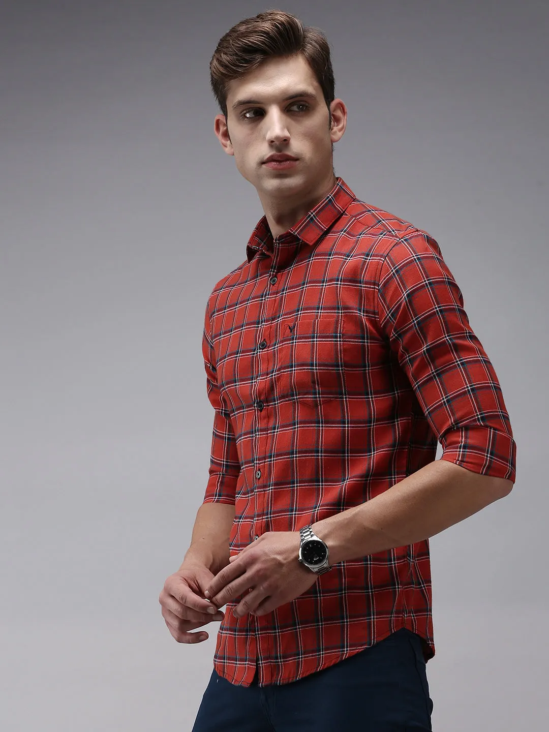 Men Red Checked Casual Shirt