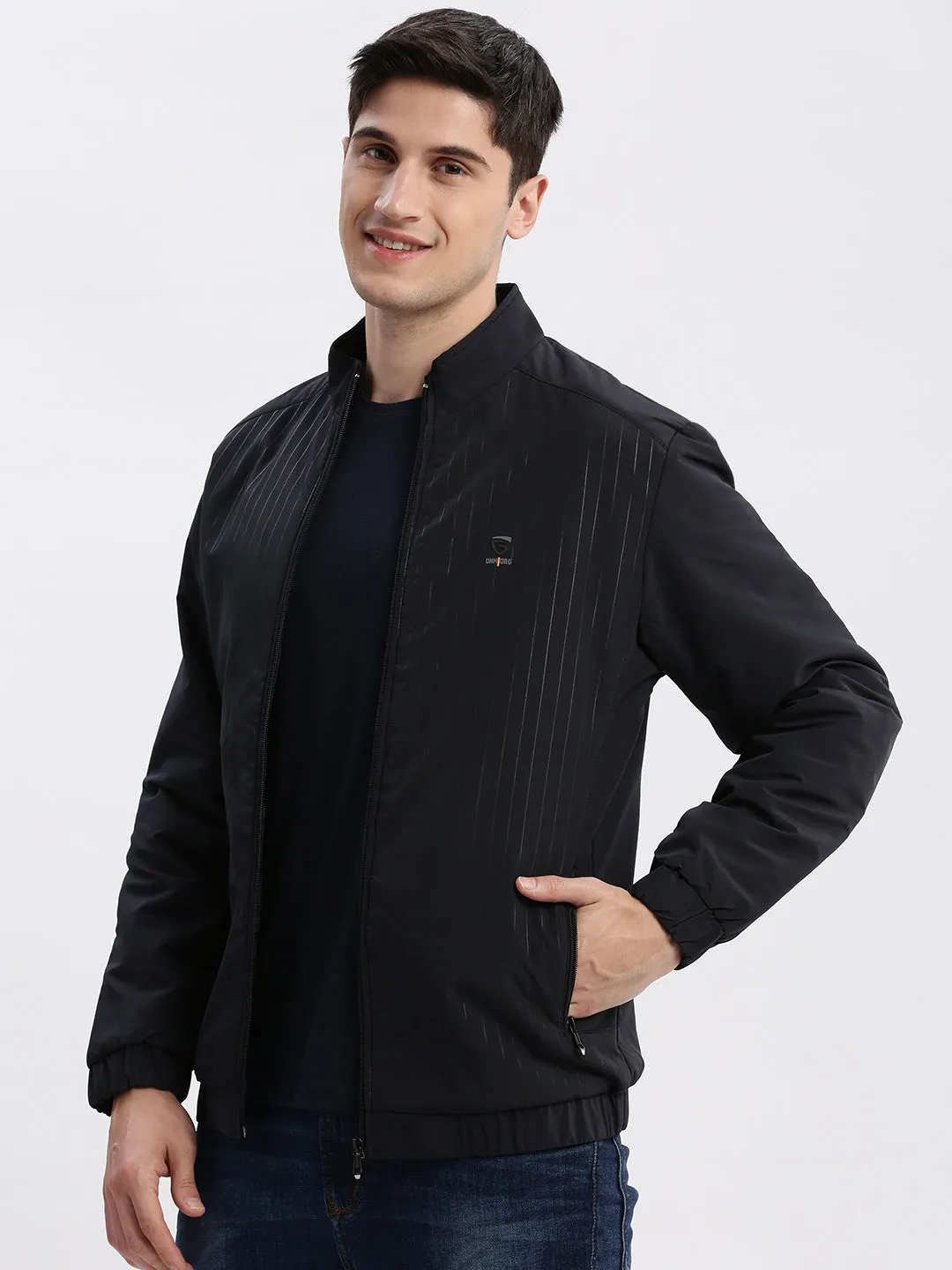 Men Solid Mock Collar Navy Blue Bomber Jacket