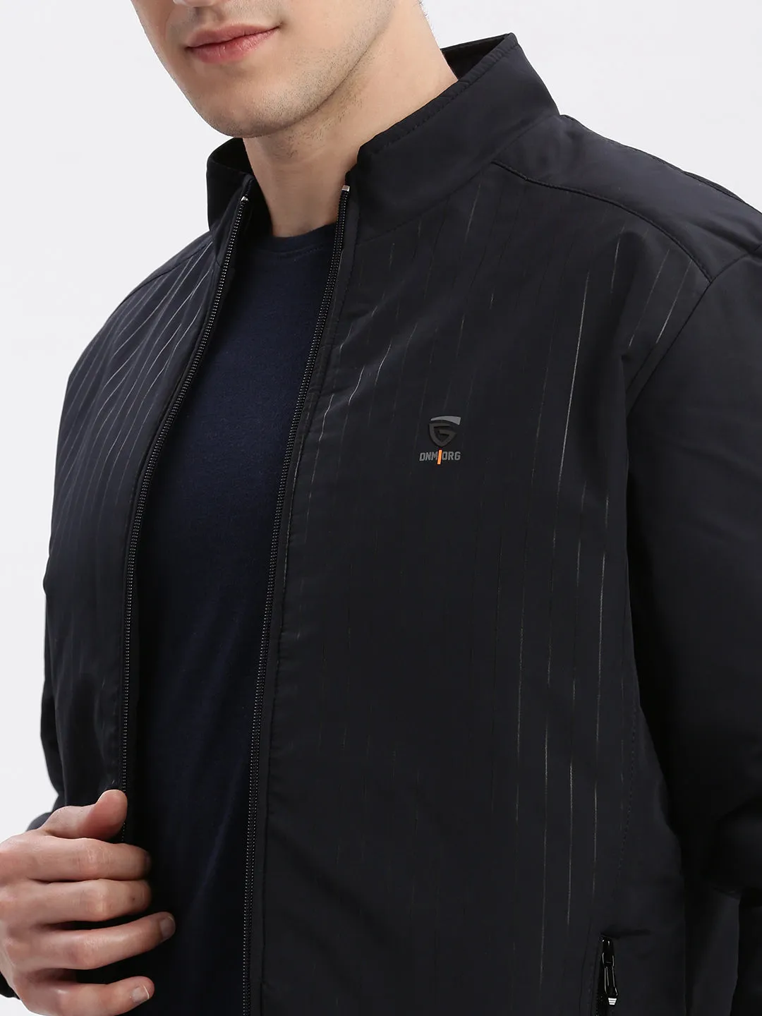 Men Solid Mock Collar Navy Blue Bomber Jacket