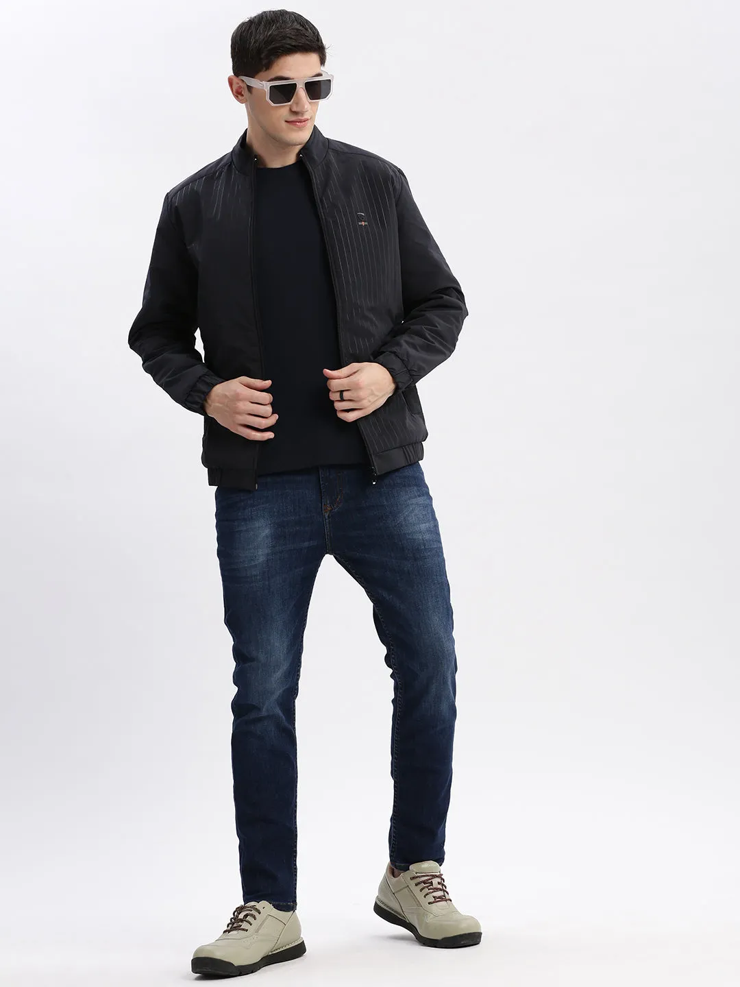 Men Solid Mock Collar Navy Blue Bomber Jacket