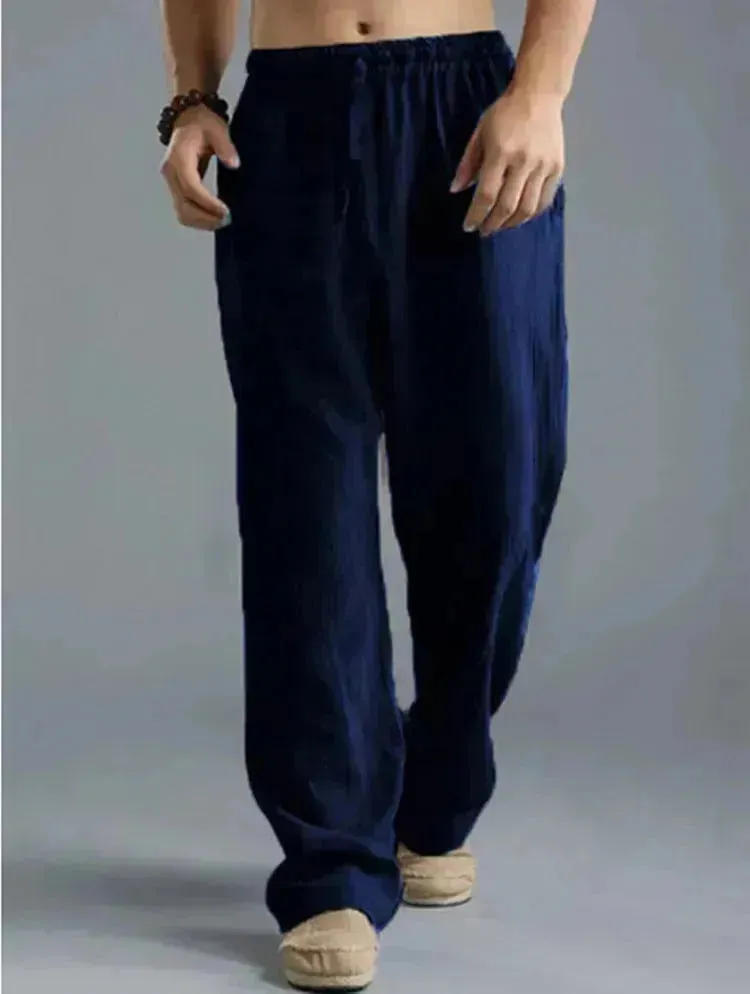 Mens Casual Breathable cotton linen pants Beach trouser for men