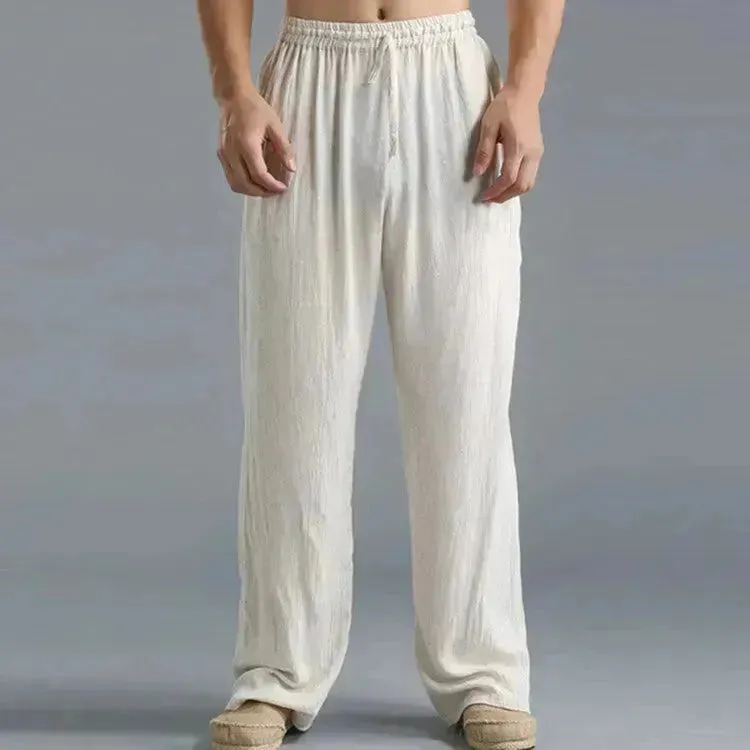 Mens Casual Breathable cotton linen pants Beach trouser for men