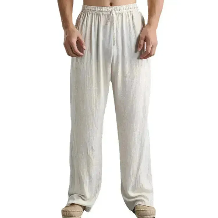 Mens Casual Breathable cotton linen pants Beach trouser for men