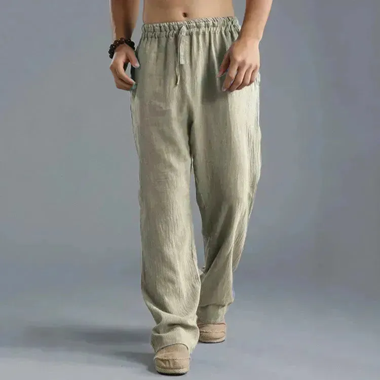 Mens Casual Breathable cotton linen pants Beach trouser for men