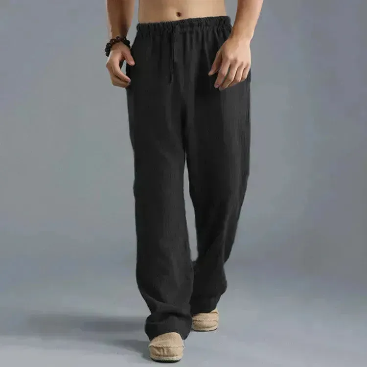 Mens Casual Breathable cotton linen pants Beach trouser for men