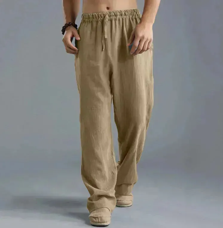 Mens Casual Breathable cotton linen pants Beach trouser for men