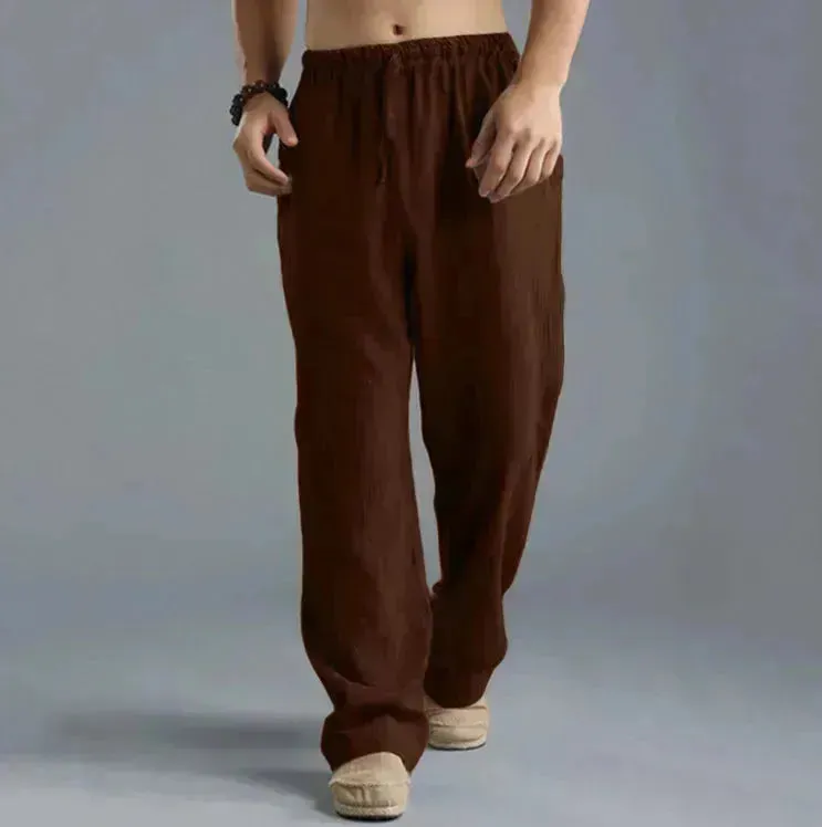 Mens Casual Breathable cotton linen pants Beach trouser for men