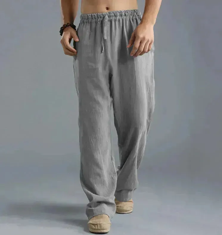 Mens Casual Breathable cotton linen pants Beach trouser for men