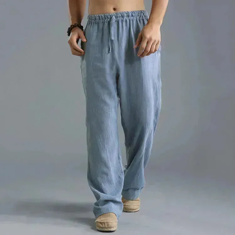 Mens Casual Breathable cotton linen pants Beach trouser for men