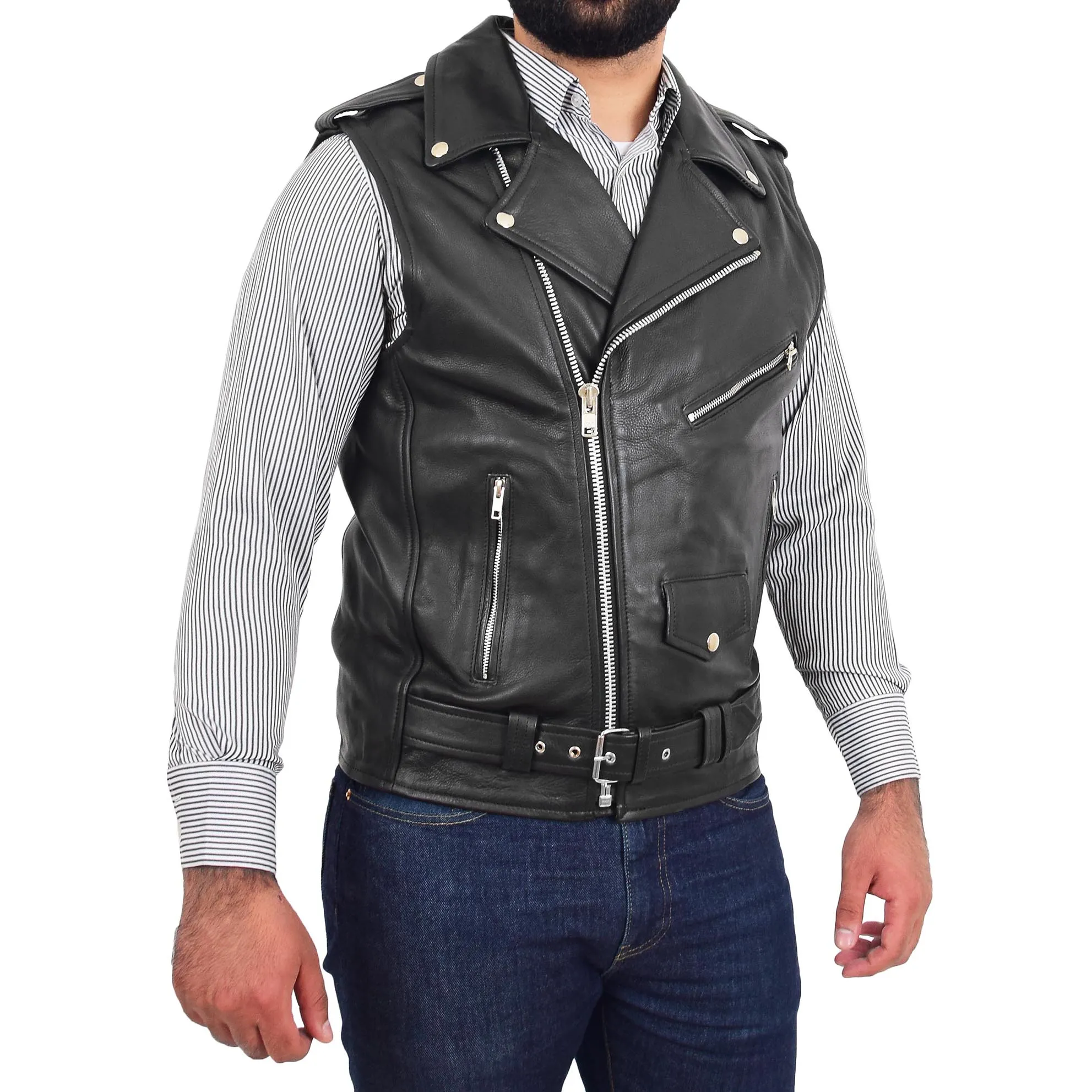 Mens Cowhide Leather Biker Waistcoat Sleeveless Brando Style Gilet Hurley Black