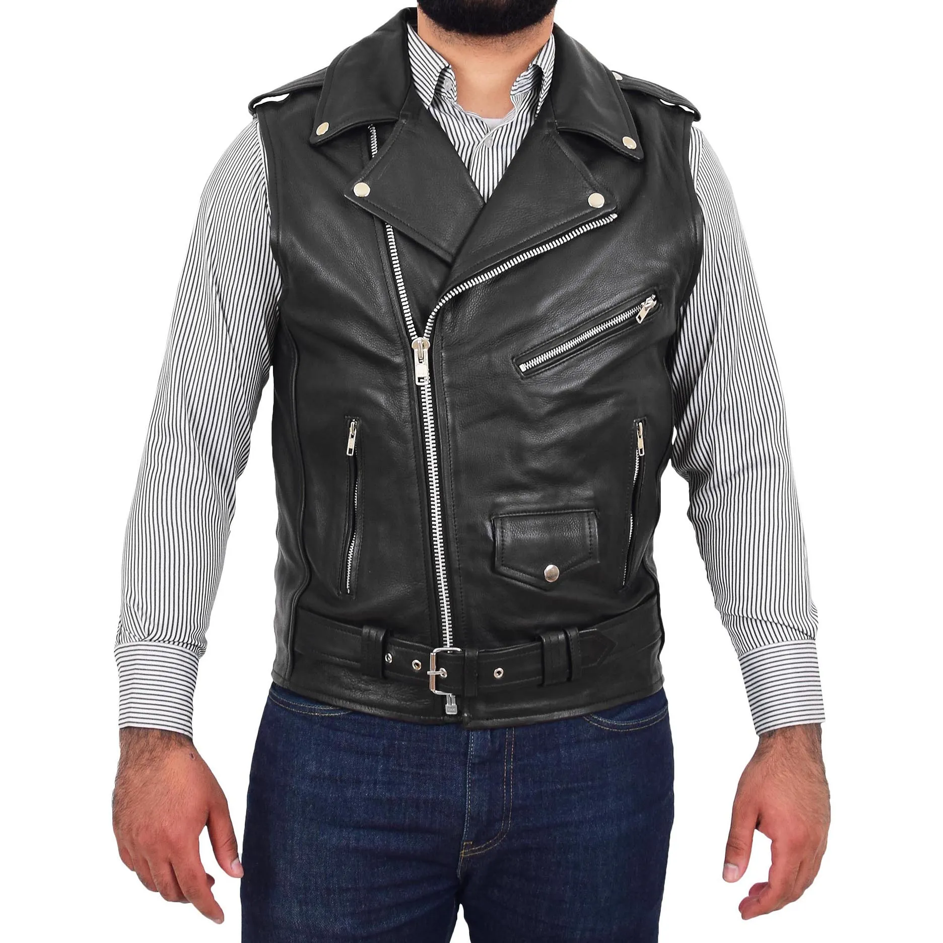 Mens Cowhide Leather Biker Waistcoat Sleeveless Brando Style Gilet Hurley Black