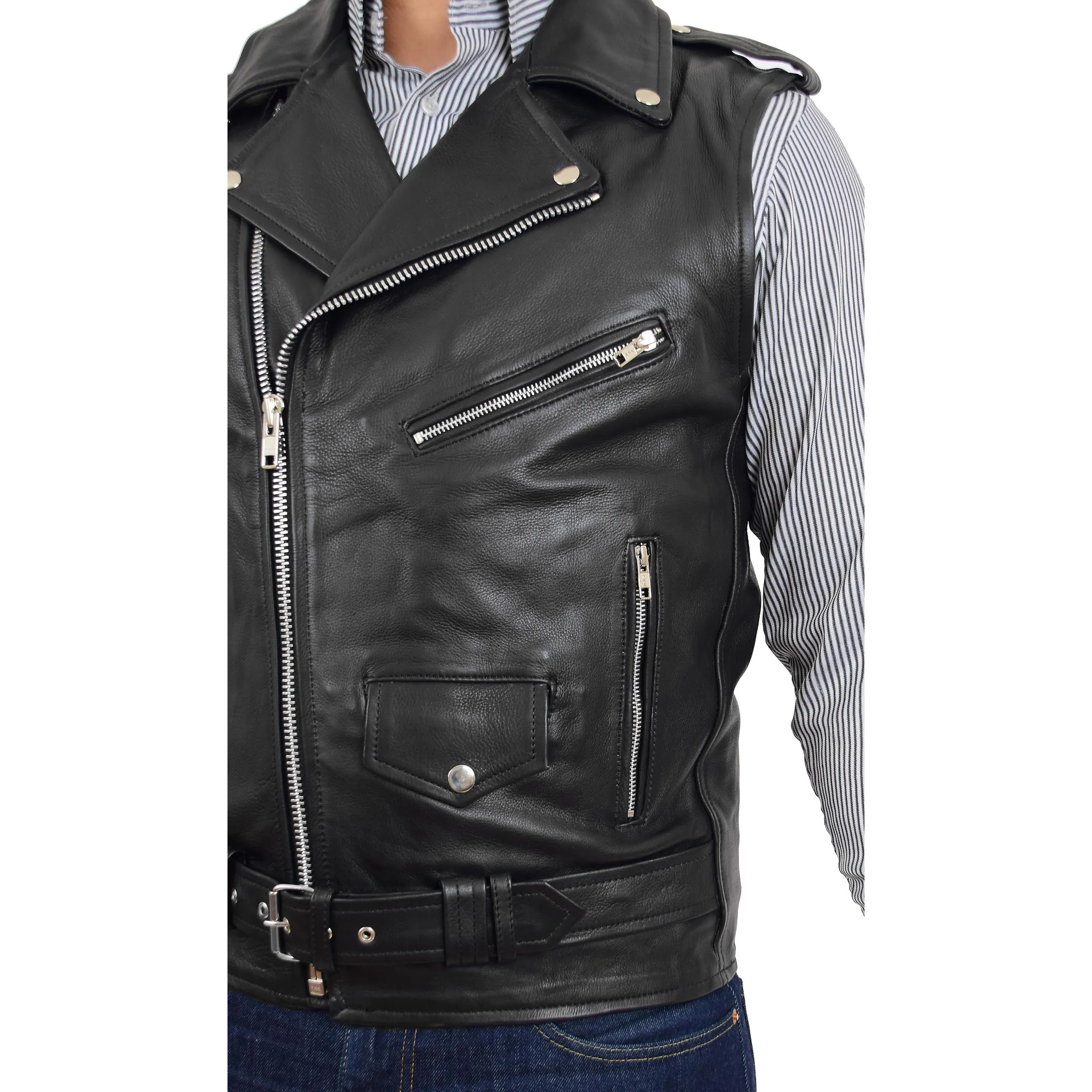 Mens Cowhide Leather Biker Waistcoat Sleeveless Brando Style Gilet Hurley Black