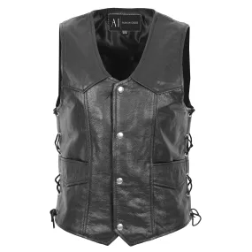 Mens Genuine Cowhide Black Leather Waistcoat Laced Sides Bikers Gilet Capone