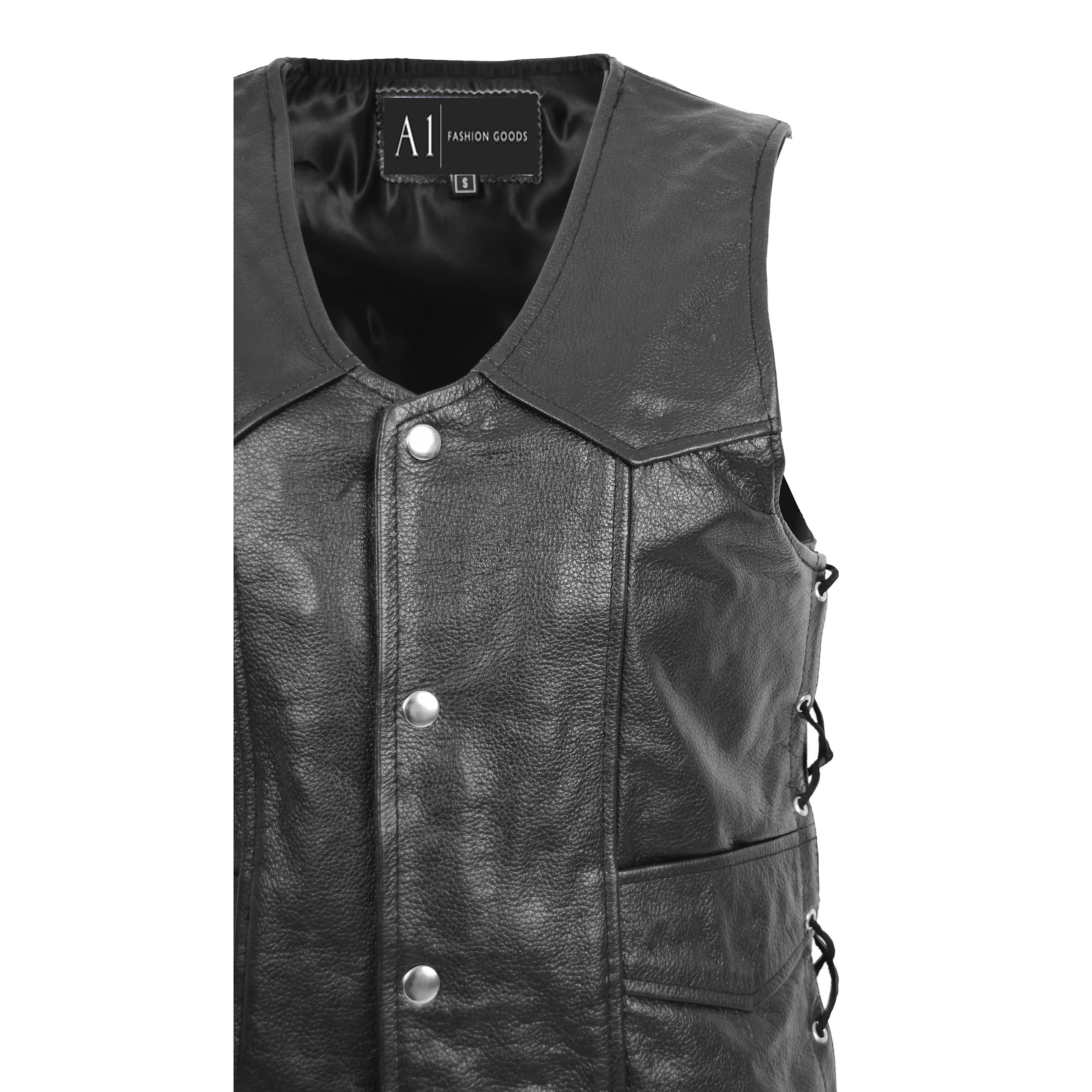 Mens Genuine Cowhide Black Leather Waistcoat Laced Sides Bikers Gilet Capone