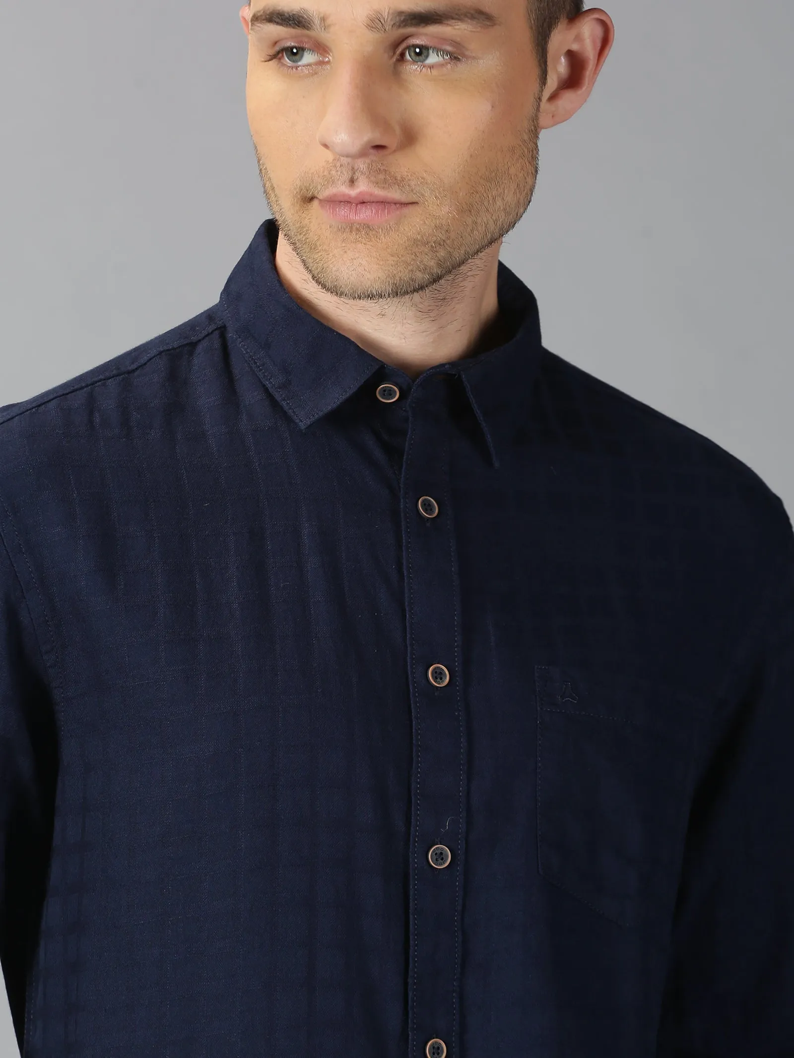 MEN'S NAVY BLUE DOBBY CHECKS SLIM FIT SHIRT