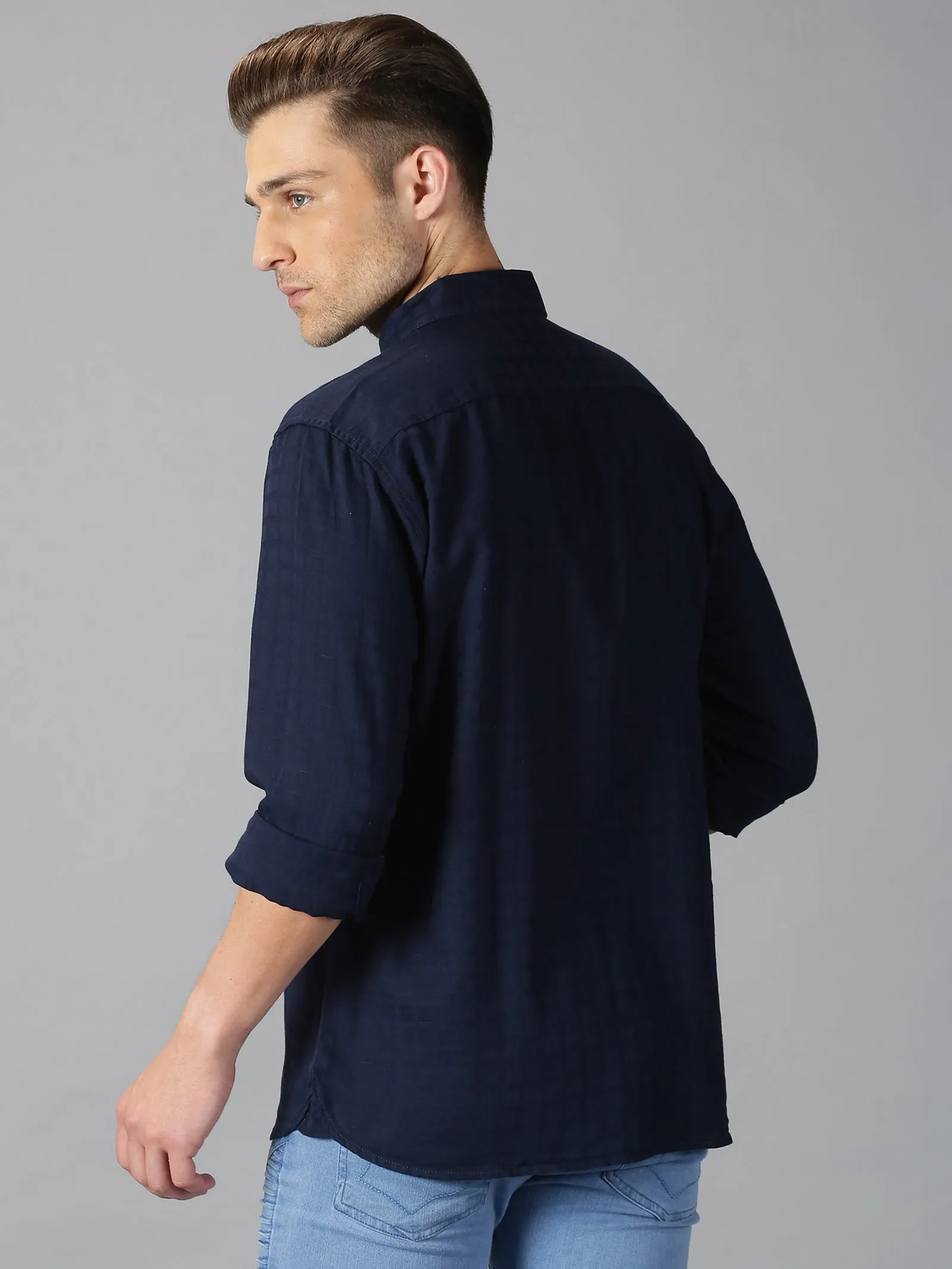 MEN'S NAVY BLUE DOBBY CHECKS SLIM FIT SHIRT