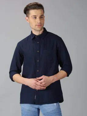 MEN'S NAVY BLUE DOBBY CHECKS SLIM FIT SHIRT