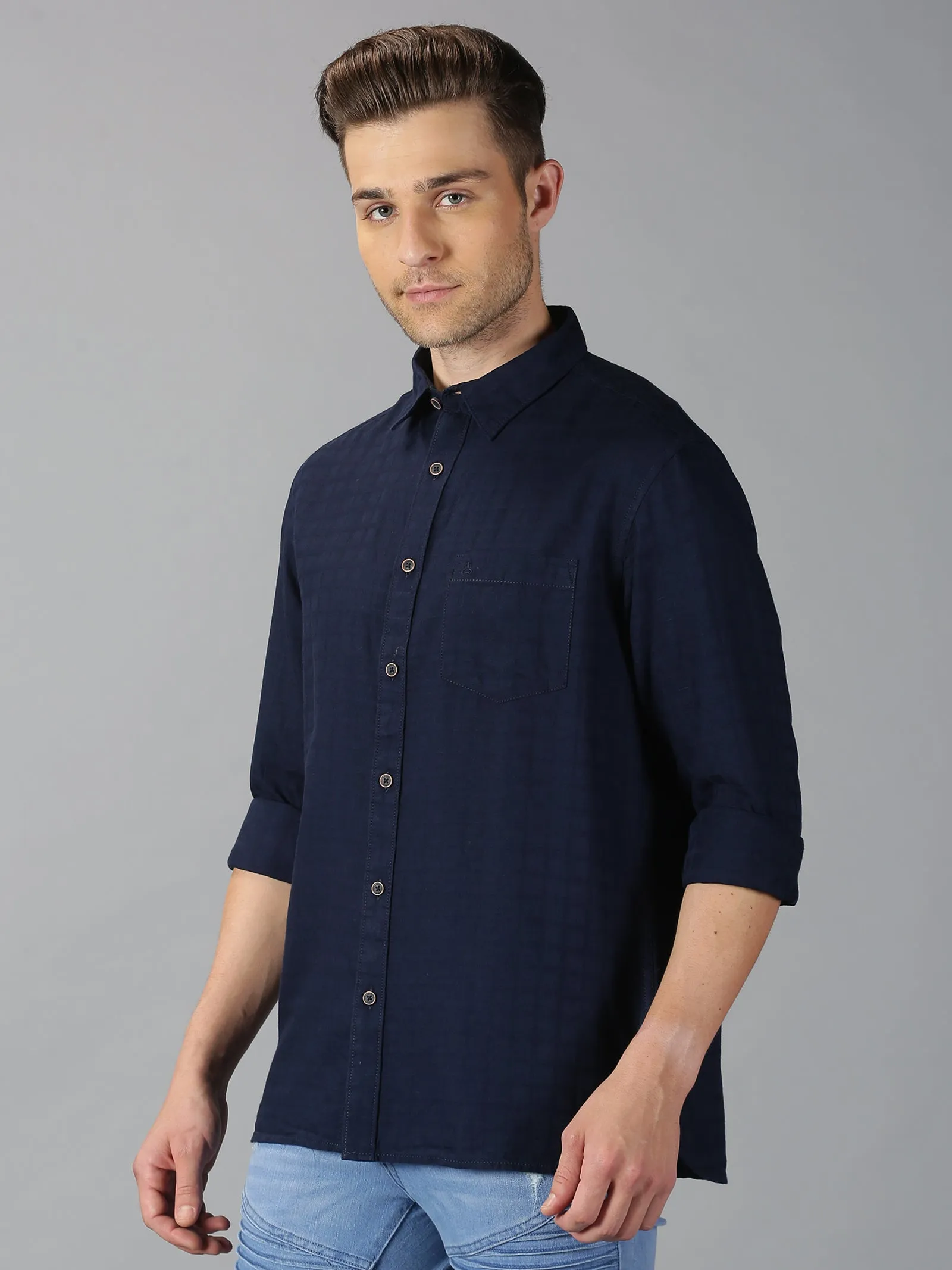 MEN'S NAVY BLUE DOBBY CHECKS SLIM FIT SHIRT