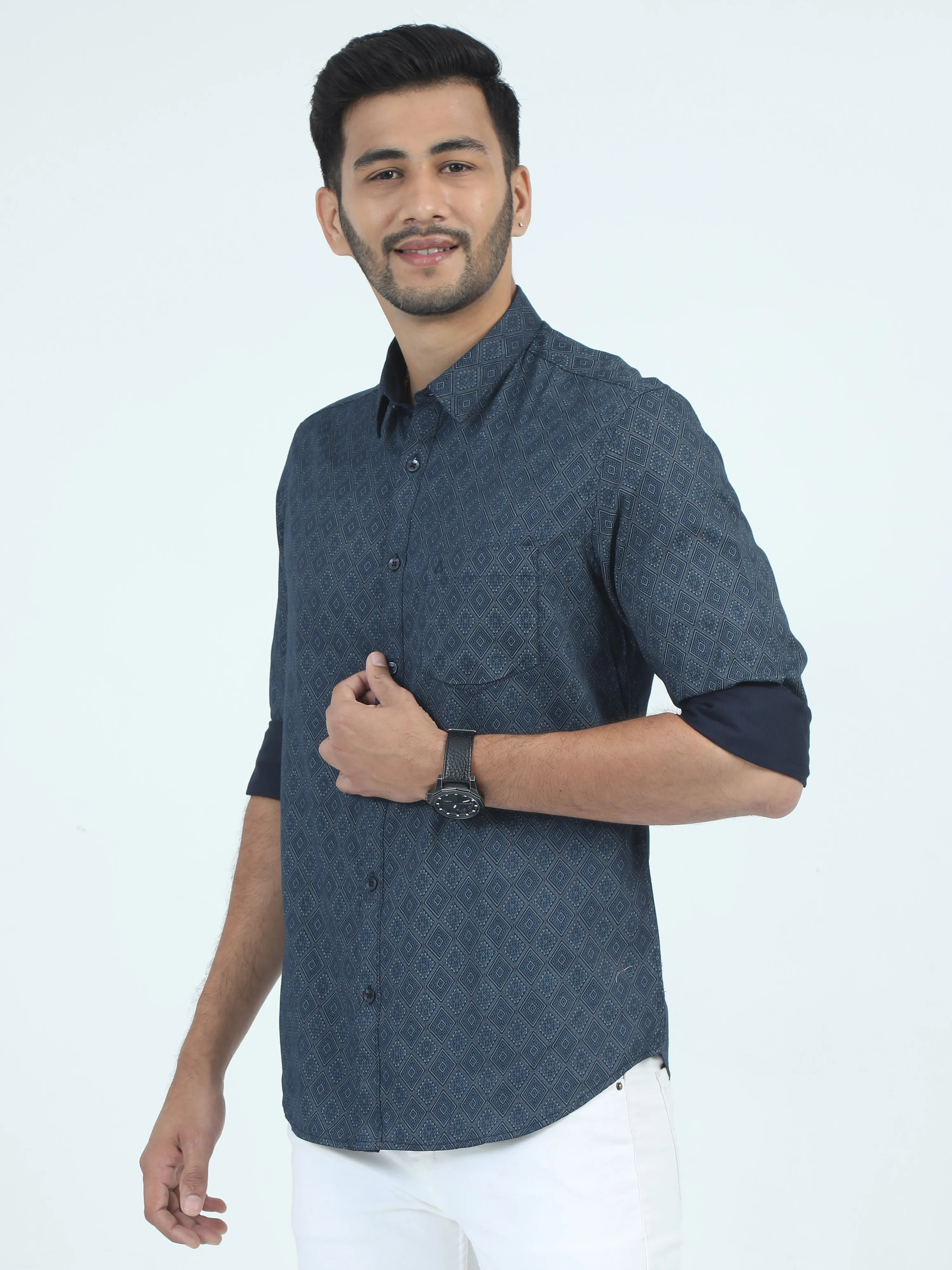 MEN'S TURQUOISE  PRINT SLIM FIT SHIRT