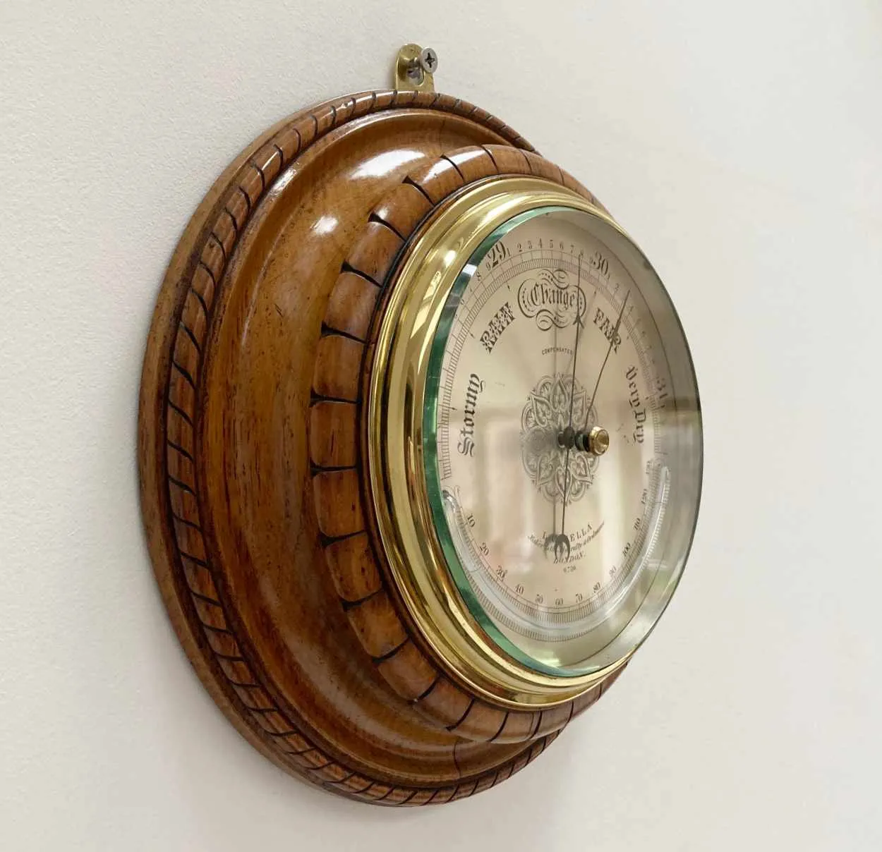 Mid Victorian Oak & Brass Cased Aneroid Barometer by Louis Casella London