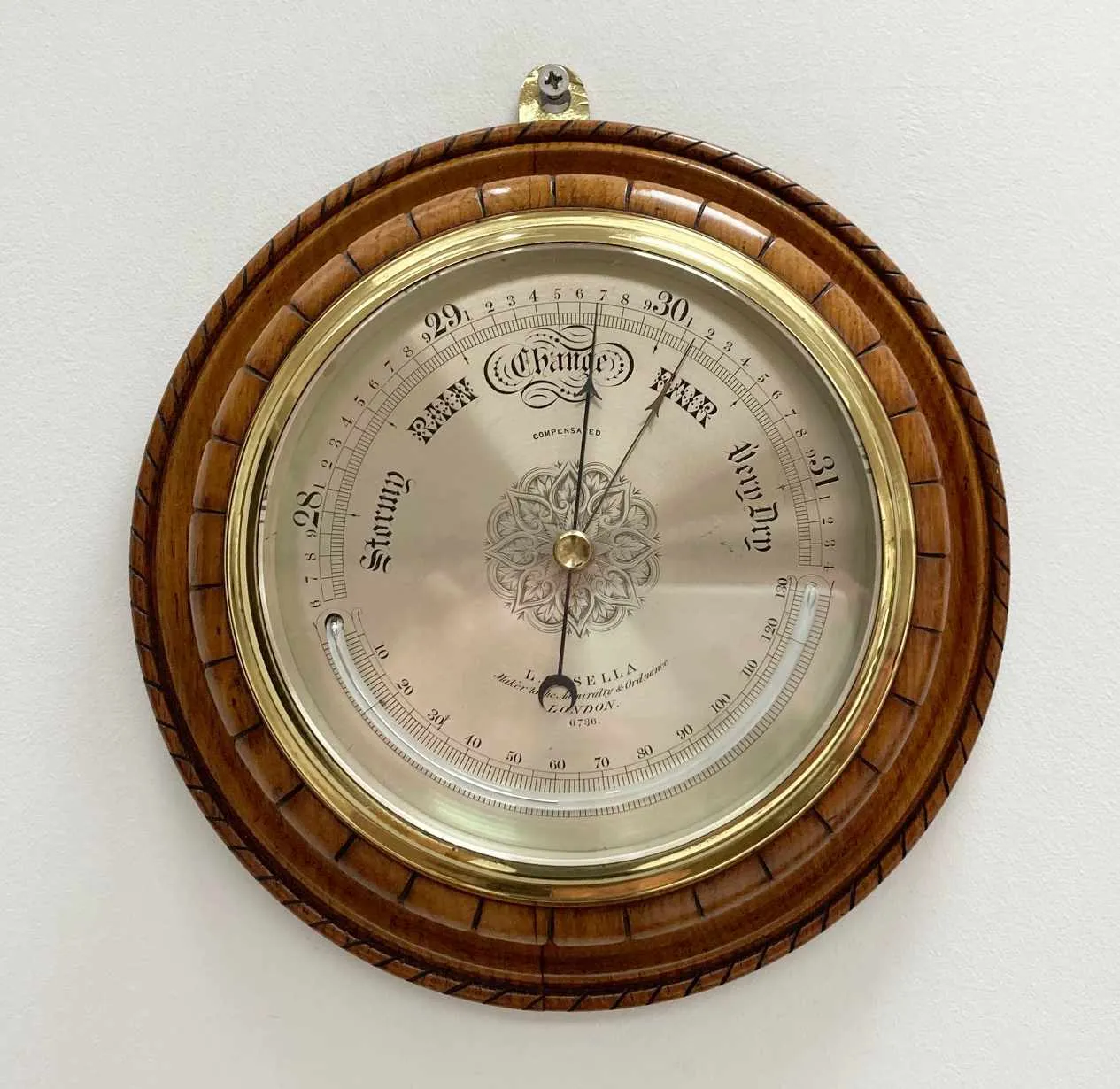 Mid Victorian Oak & Brass Cased Aneroid Barometer by Louis Casella London