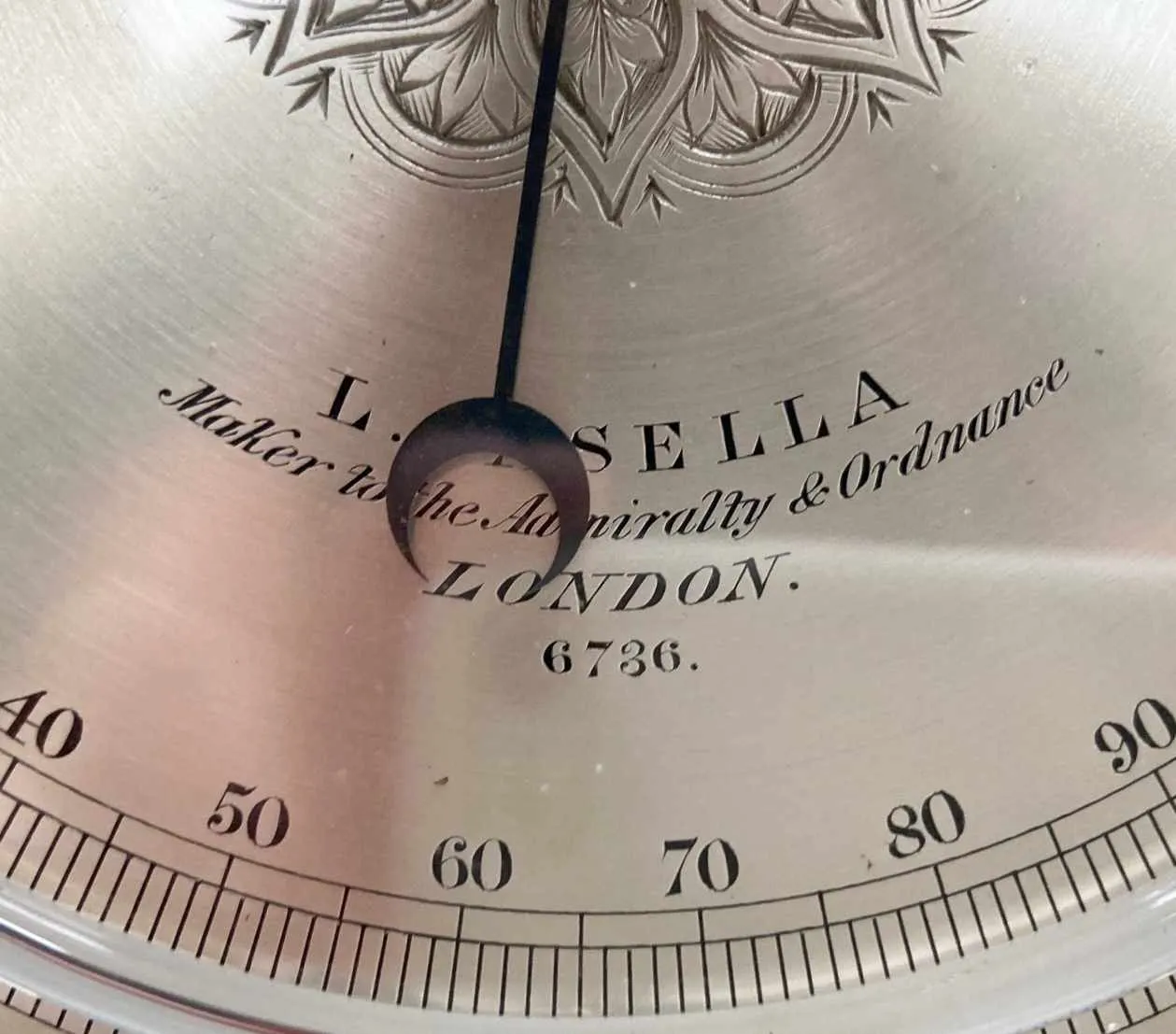 Mid Victorian Oak & Brass Cased Aneroid Barometer by Louis Casella London