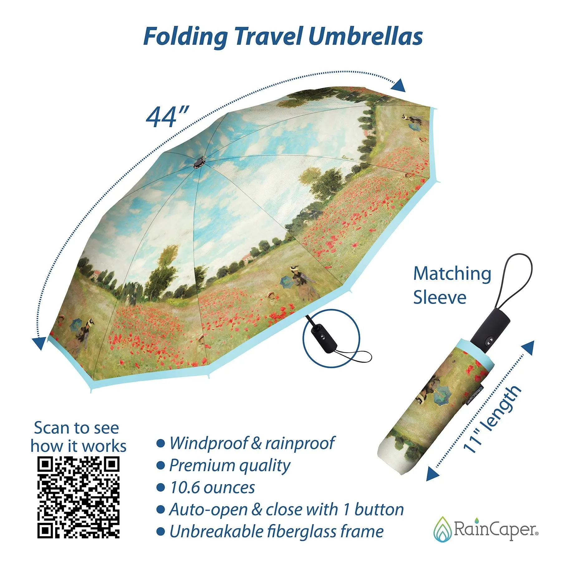 Monet Poppy Field Folding Travel Umbrella