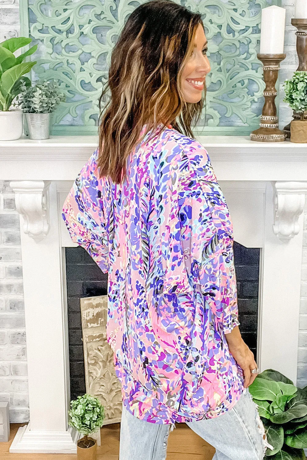 Multicolor Abstract Floral Print Lightweight Kimono