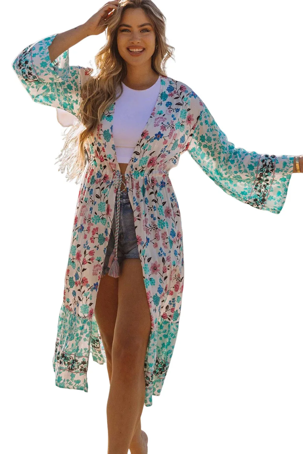 Multicolor Long Sleeve Tassel Tie Floral Kimono