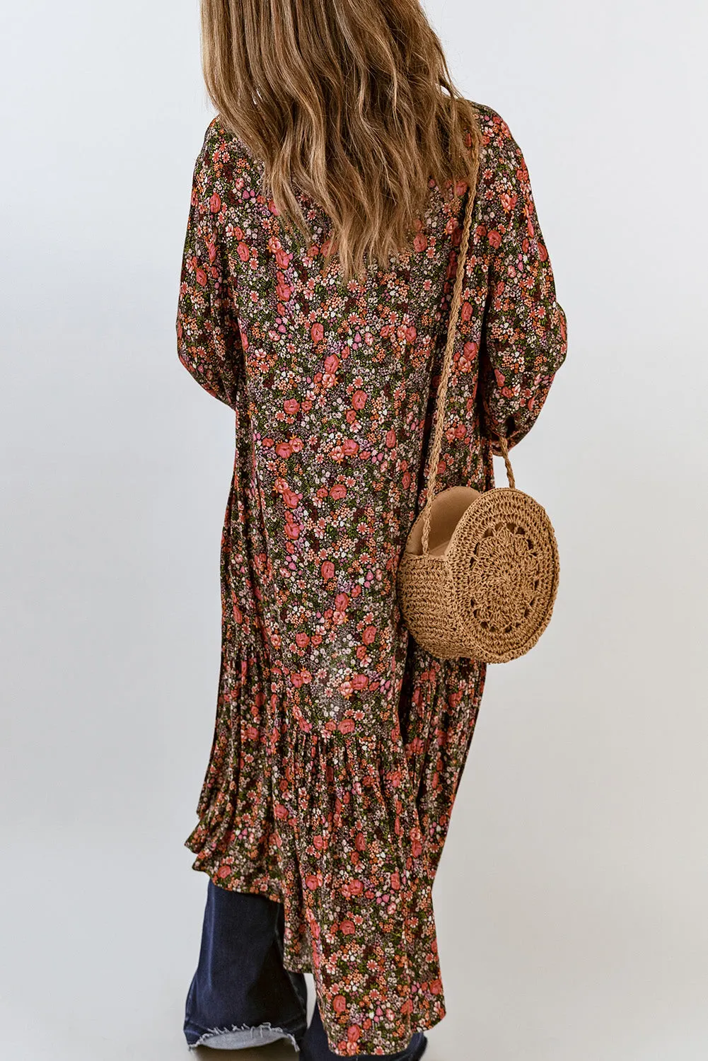 Multicolor Open Front Boho Floral Print Kimono