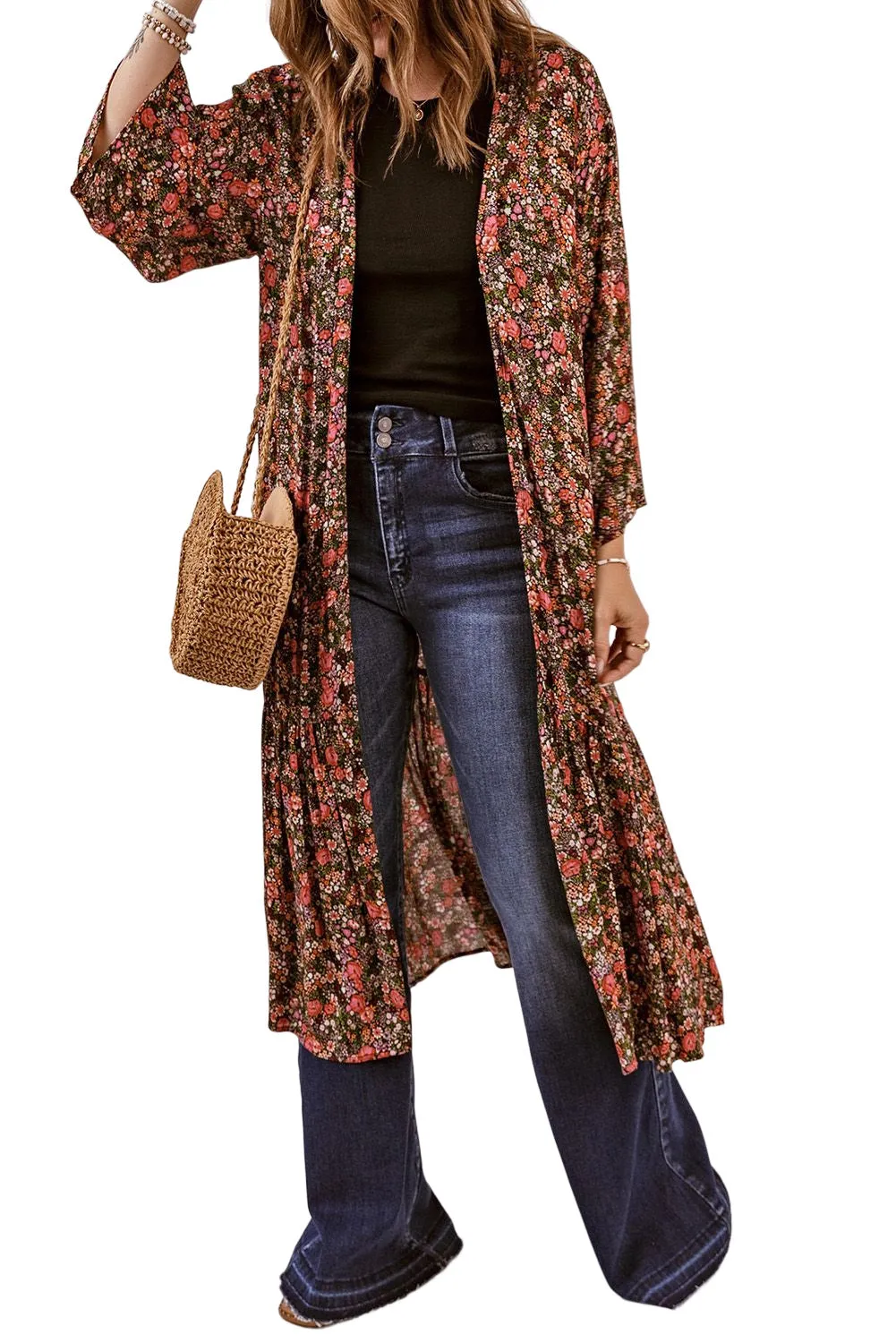 Multicolor Open Front Boho Floral Print Kimono