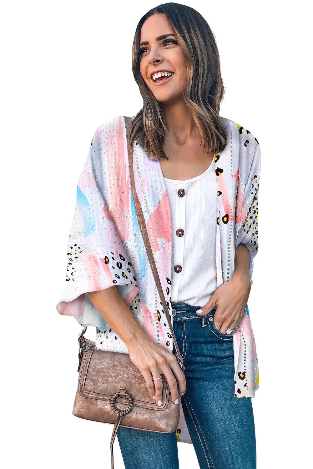 Multicolor Print Open Front Bell Sleeve Kimono