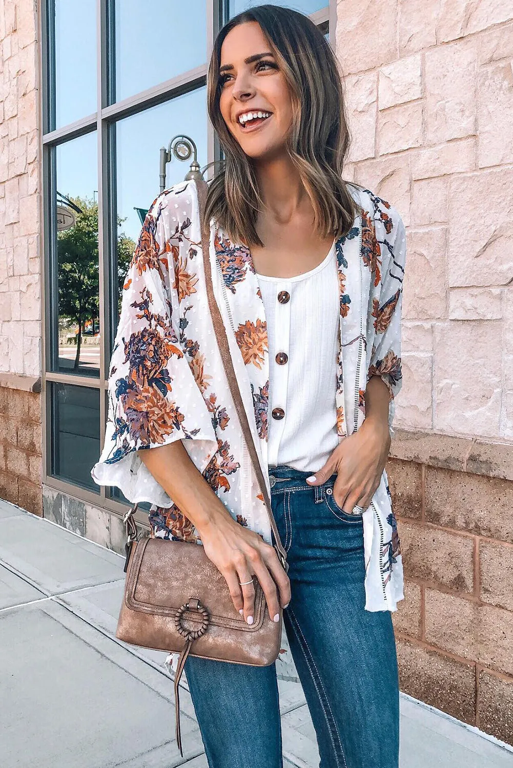 Multicolor Print Open Front Bell Sleeve Kimono