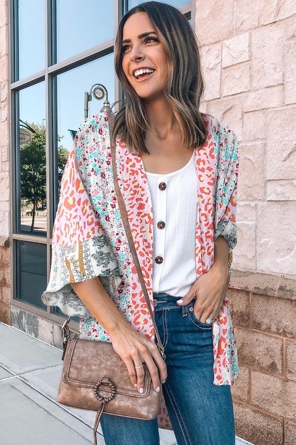 Multicolor Print Open Front Bell Sleeve Kimono