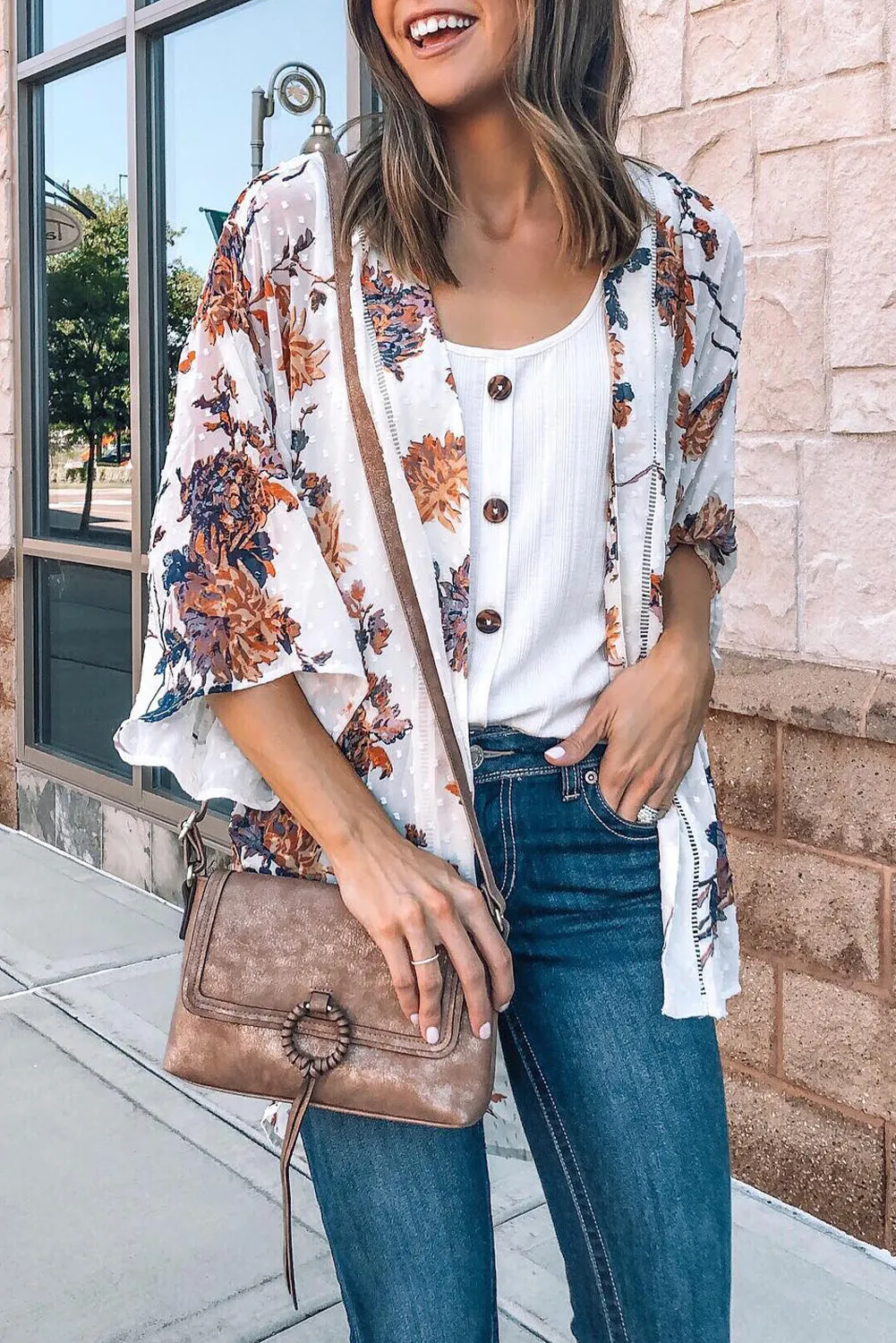 Multicolor Print Open Front Bell Sleeve Kimono