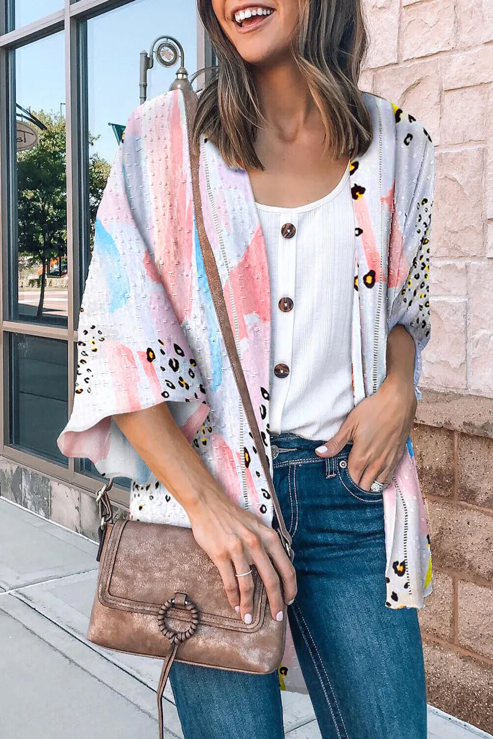 Multicolor Print Open Front Bell Sleeve Kimono