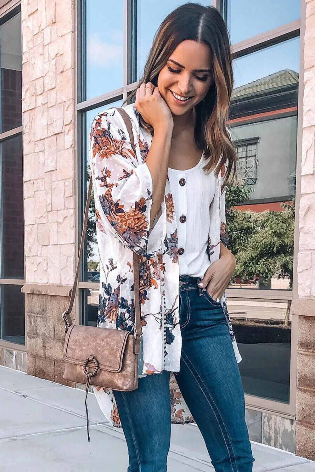 Multicolor Print Open Front Bell Sleeve Kimono