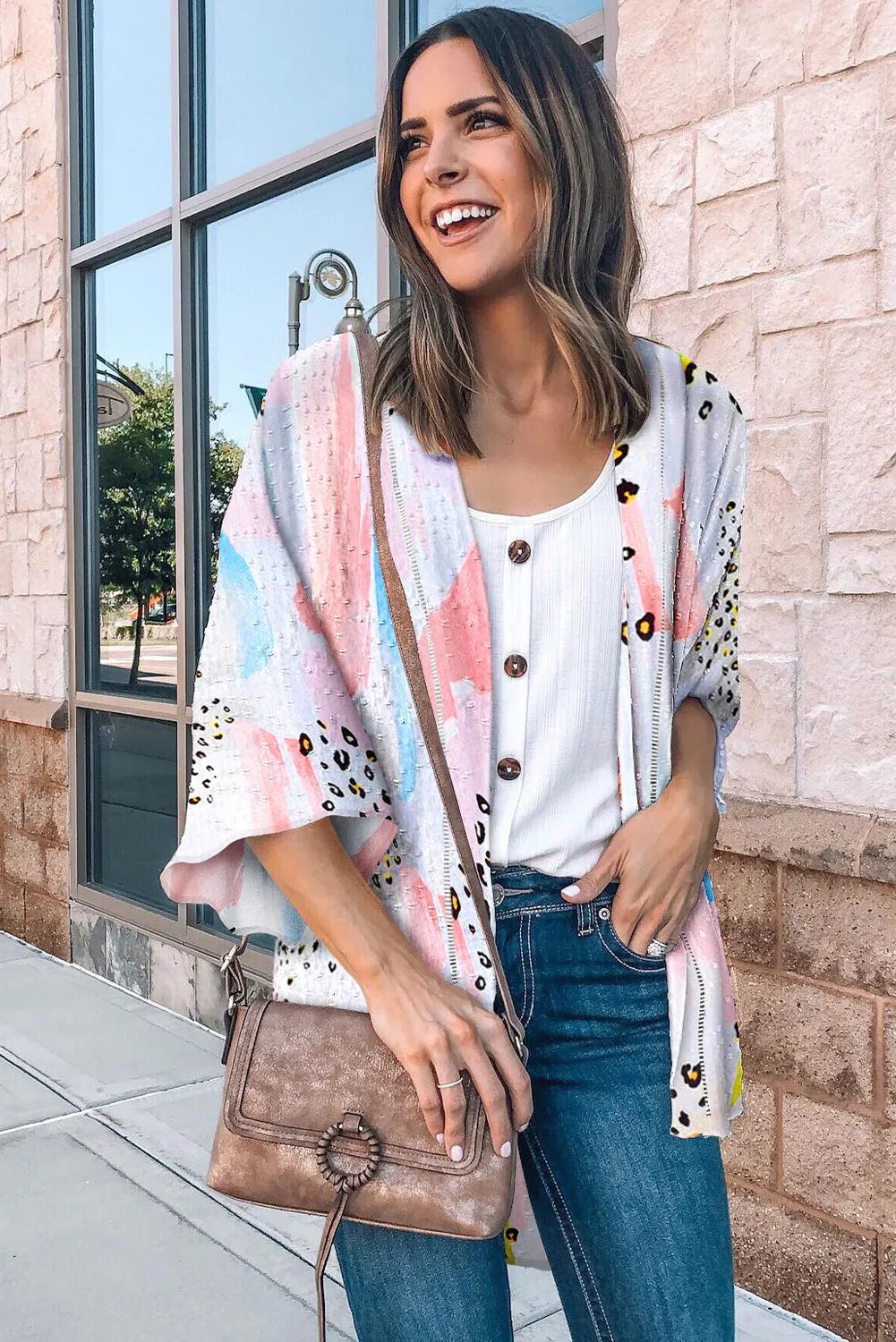 Multicolor Print Open Front Bell Sleeve Kimono