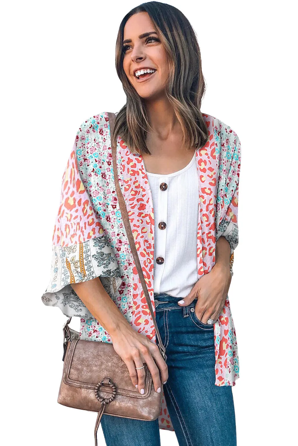 Multicolor Print Open Front Bell Sleeve Kimono