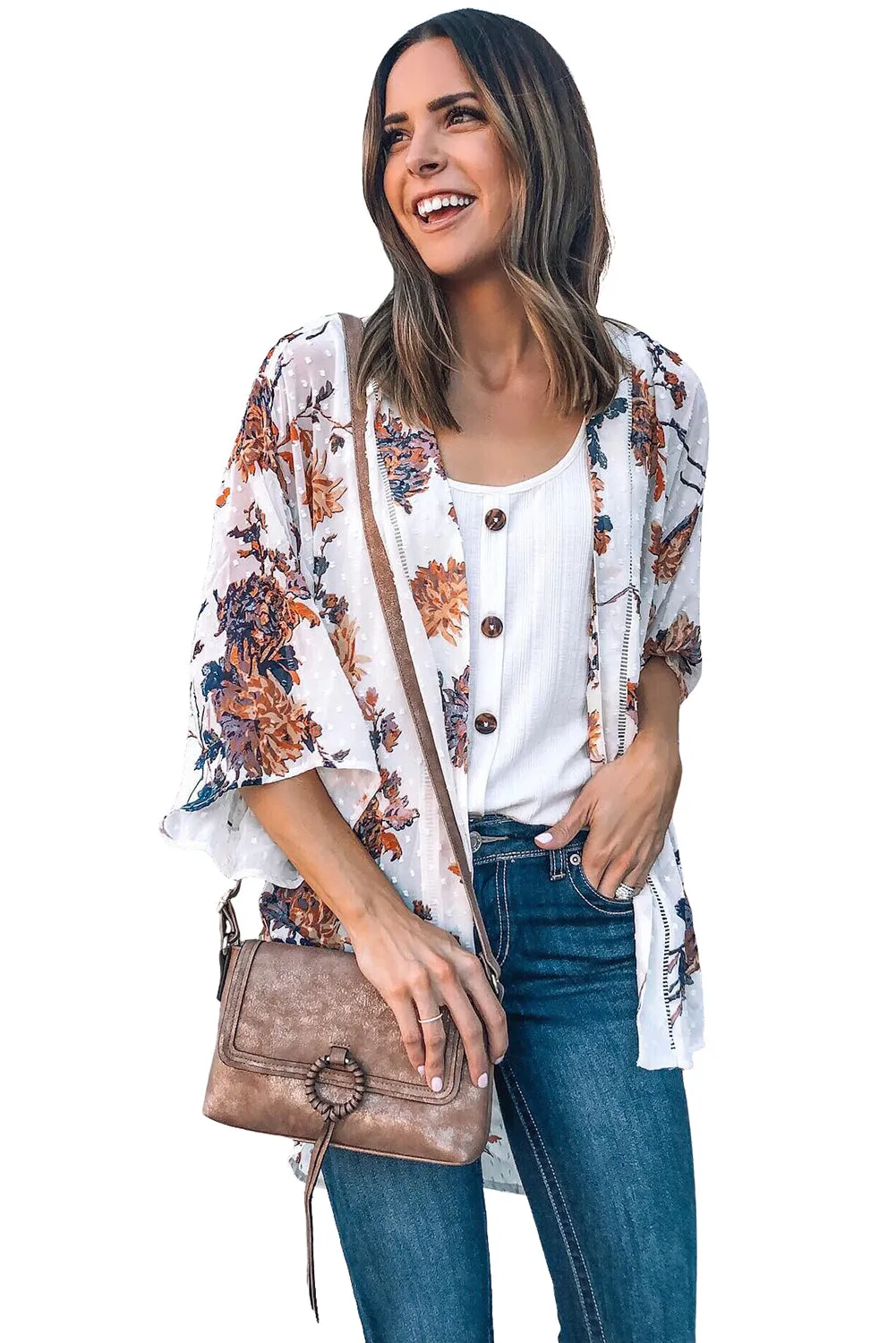 Multicolor Print Open Front Bell Sleeve Kimono