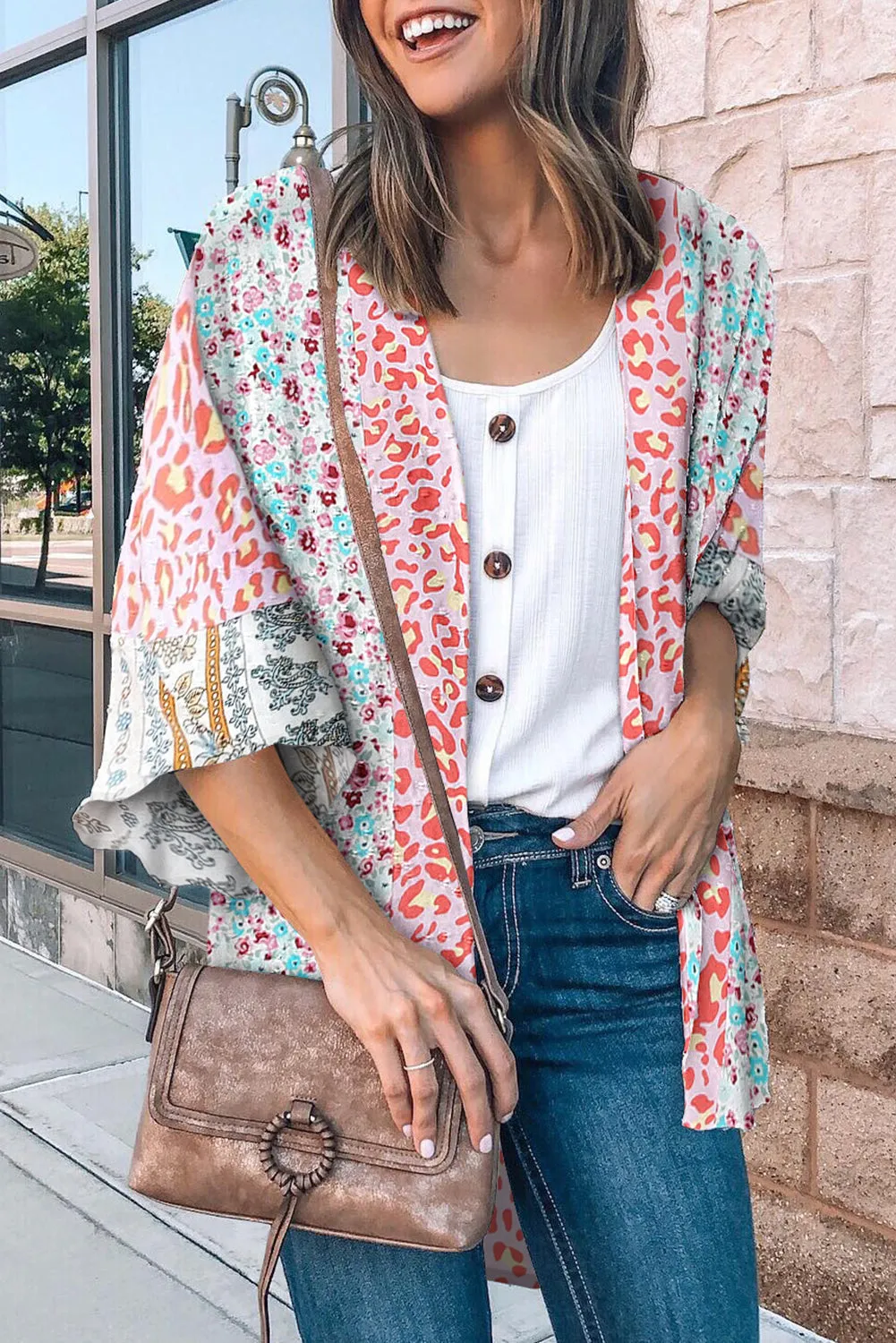 Multicolor Print Open Front Bell Sleeve Kimono