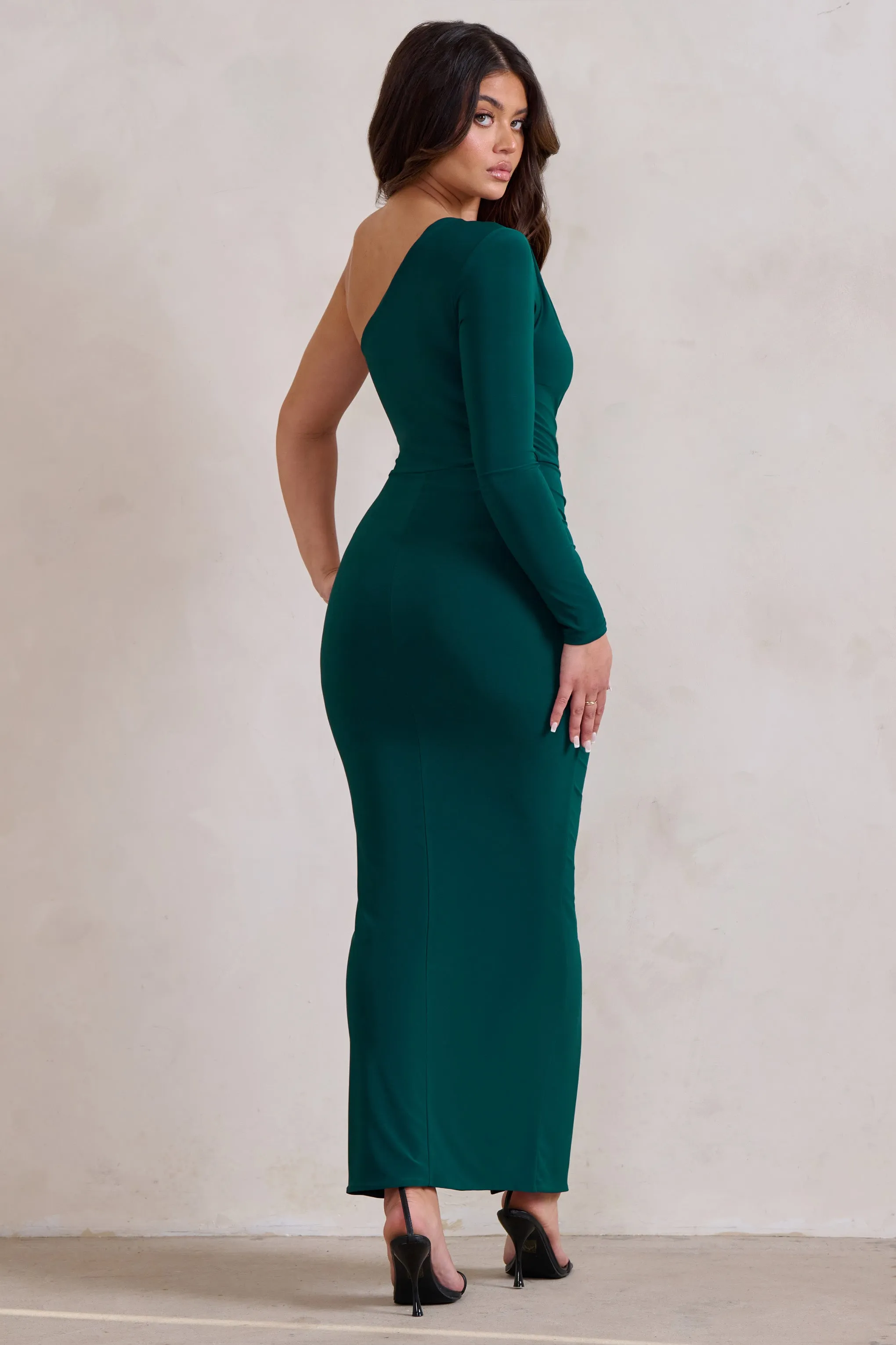 Mystical | Bottle Green One Shoulder Maxi Dress With Side Split