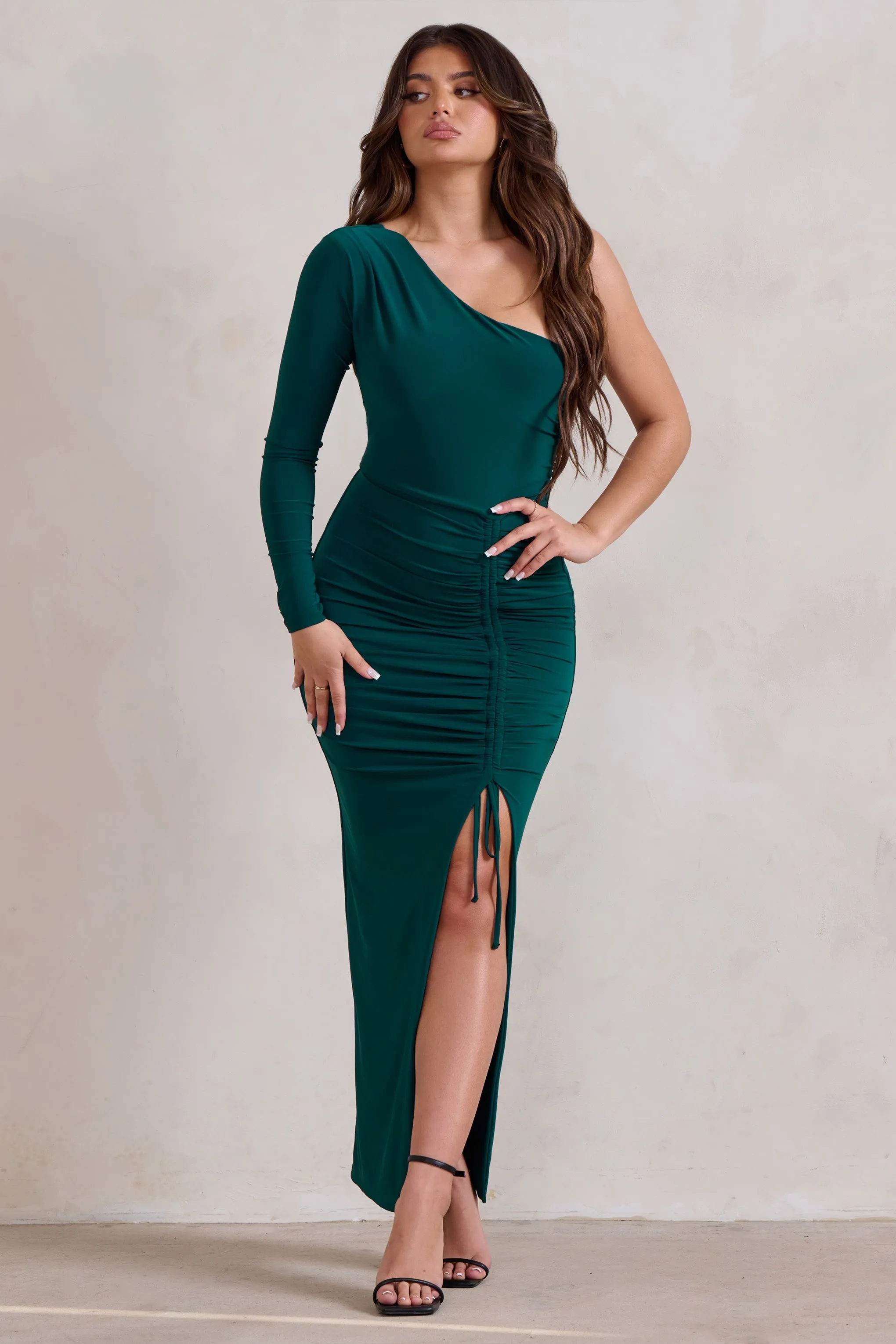 Mystical | Bottle Green One Shoulder Maxi Dress With Side Split