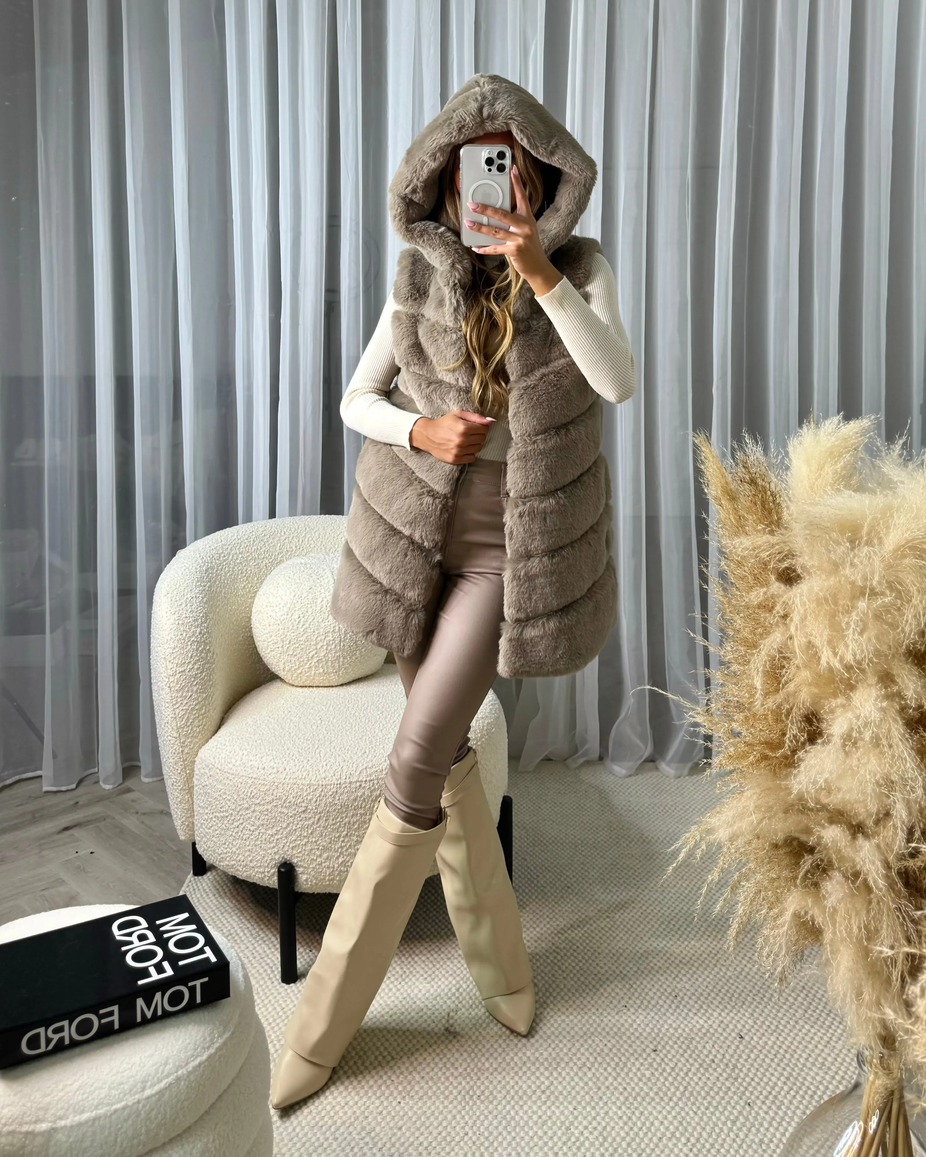 Naomi Faux Fur Gilet with Hood - Mocha